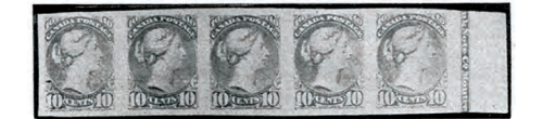Imperforate strip of the 10 Cent Lilac-rose, with partial imprint.