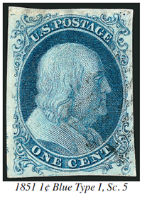 1851 1 Cent Blue Type 1, Sc. 5