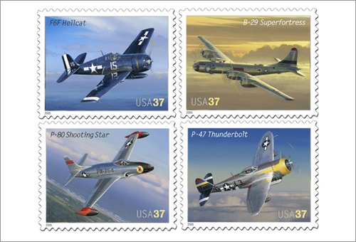 37 cent Postage stamps, F6F Hellcat, B-29 Superfortress, P-80 Shooting Star, P-47 Thunderbolt