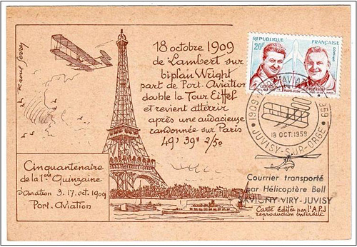 This is a French post card celebrating a flight by Count Charles de Lambert above the Eiffel Tower on October 18, 1909.