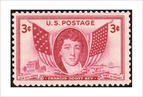 American Flag displayed on historical commemorative stamp depicting Francis Scott Key on a 3 cent stamp