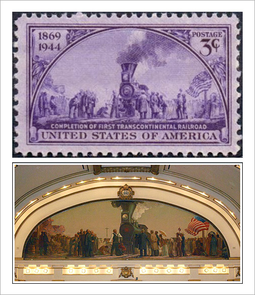 Stamp commemorating the 75th anniversary of the first Transcontinental Railroad