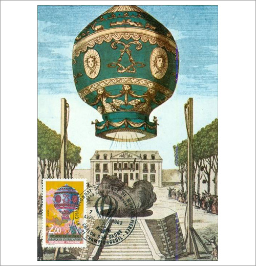 Vintage color illustrated postcard depicting the first hot air balloon with hot air balloon stamp.
