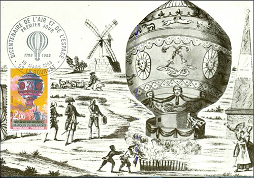 Vintage postcard depicting the maiden flight of the first hot air balloon.