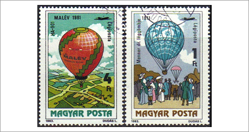 Hungarian postage stamps with hot air balloons.
