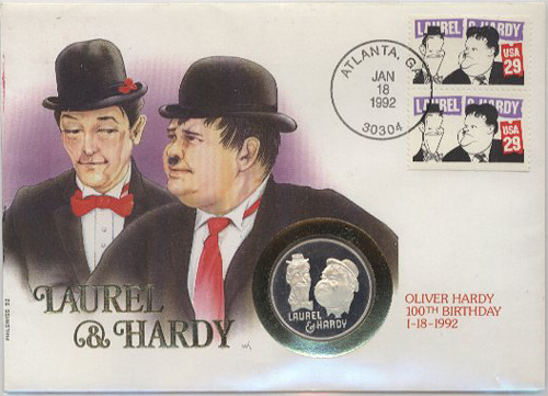 Stan Laurel and Oliver Hardy Cover and Stamp, USA 29 Cents