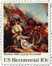 John Trumbull, US painter: Bunker Hill 1775 Stamp, US Bicentennnial 10 cents