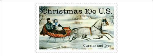 Nathaniel Currier Stamp, US 10 cents, Currier and Ives Christmas