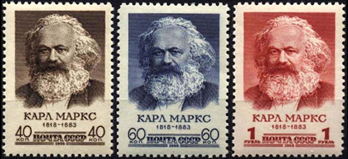 Karl Marx Stamp, brown 40, blue 60 and red 1